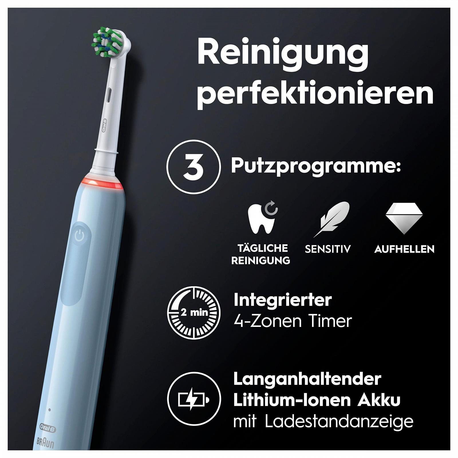 Електрична зубна щітка Oral-B PRO 3 3000, 2 змінні насадки CrossAction, 3 режими чищення, візуальний контроль тиску 360°, синя, фото №4