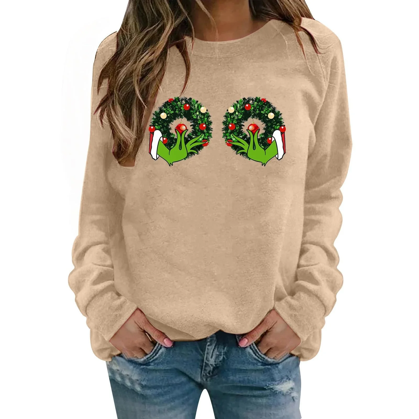Рождественский джемпер BHXUTK Женский пуловер с длинными рукавами Рождественская женская толстовка Рождественская футболка Женская с длинными рукавами с рождественским мотивом Большие размеры Рождественская футболка для женщин Девочек-подростков, фото №1