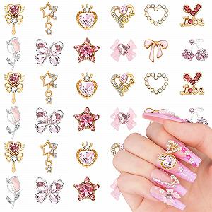 Набор украшений для ногтей 48шт Сердце Звезда Тюльпан Вишня 3D сплав Y2K Камни со сверкающими украшениями - Фото 1