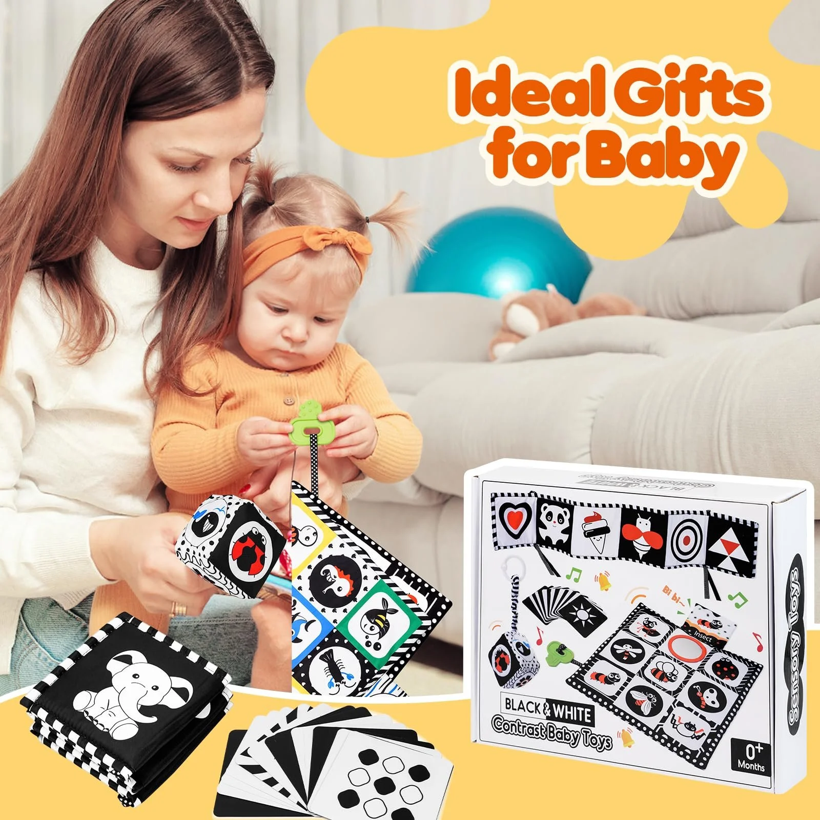 Контрастна Книга HappyKidsClub Чорно-Біла Іграшка для Малюків, Ланцюжок для Коляски Іграшка Монтессорі, 059-A, фото №7
