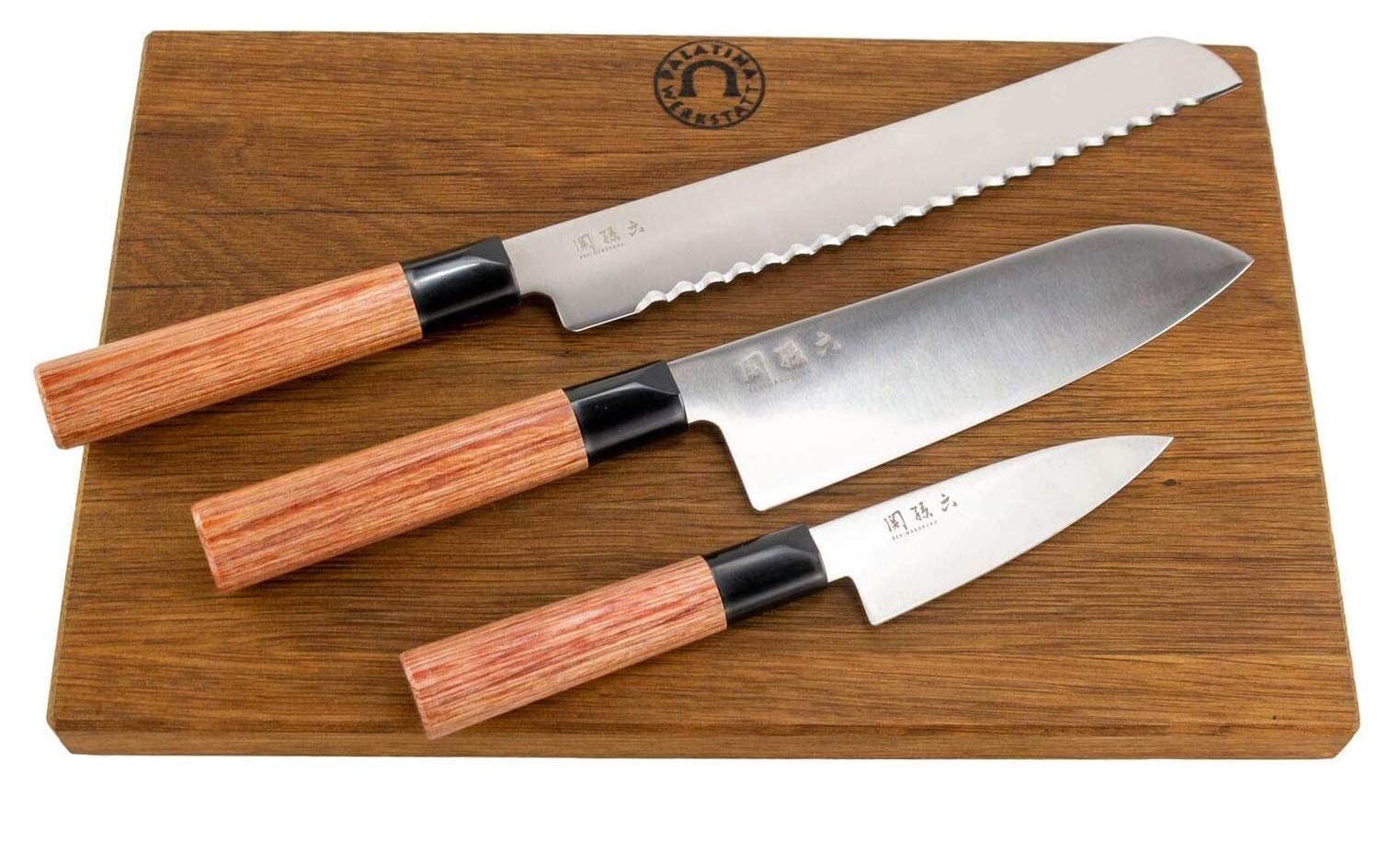 Набор ножей KAI Seki Magoroku Redwood, 3 японских ножа + разделочная доска из переработанной древесины (дуб), 34 x 21 см, фото №1