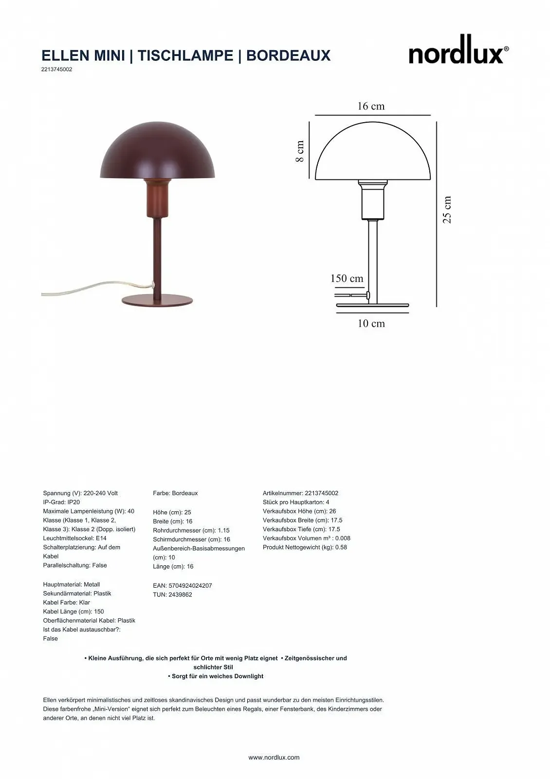 Настольная лампа Nordlux Ellen Mini E14 IP20 Бордо, фото №5