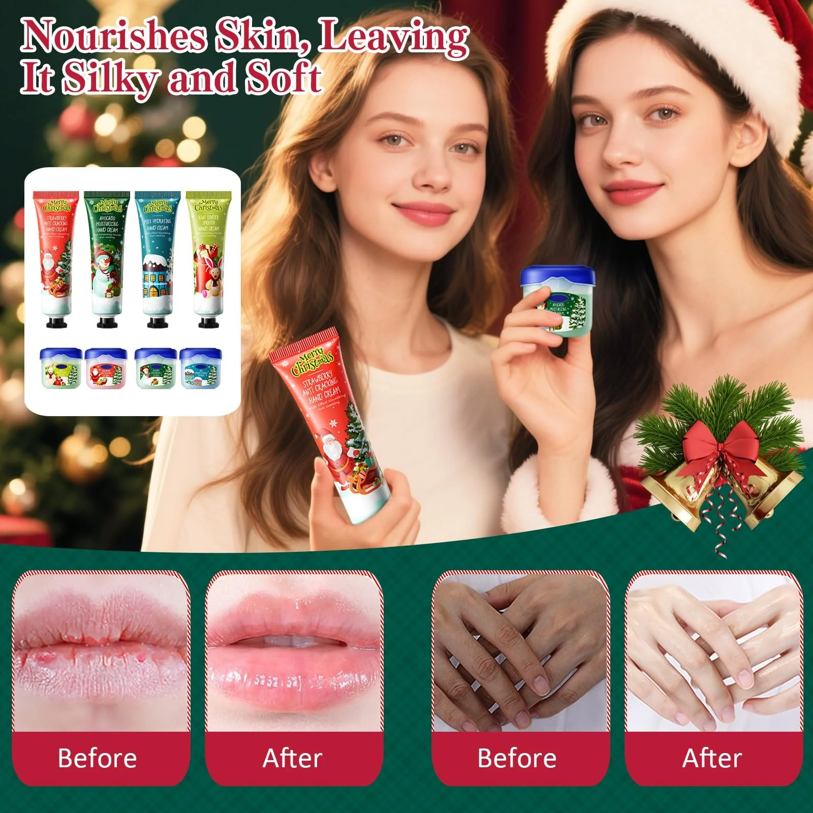 Набор из 8 рождественских бальзамов для губ и кремов для рук, питательный и увлажняющий крем для рук, рождественские подарки, для сухой и потрескавшейся кожи губ и рук, для женщин и мужчин, фото №6