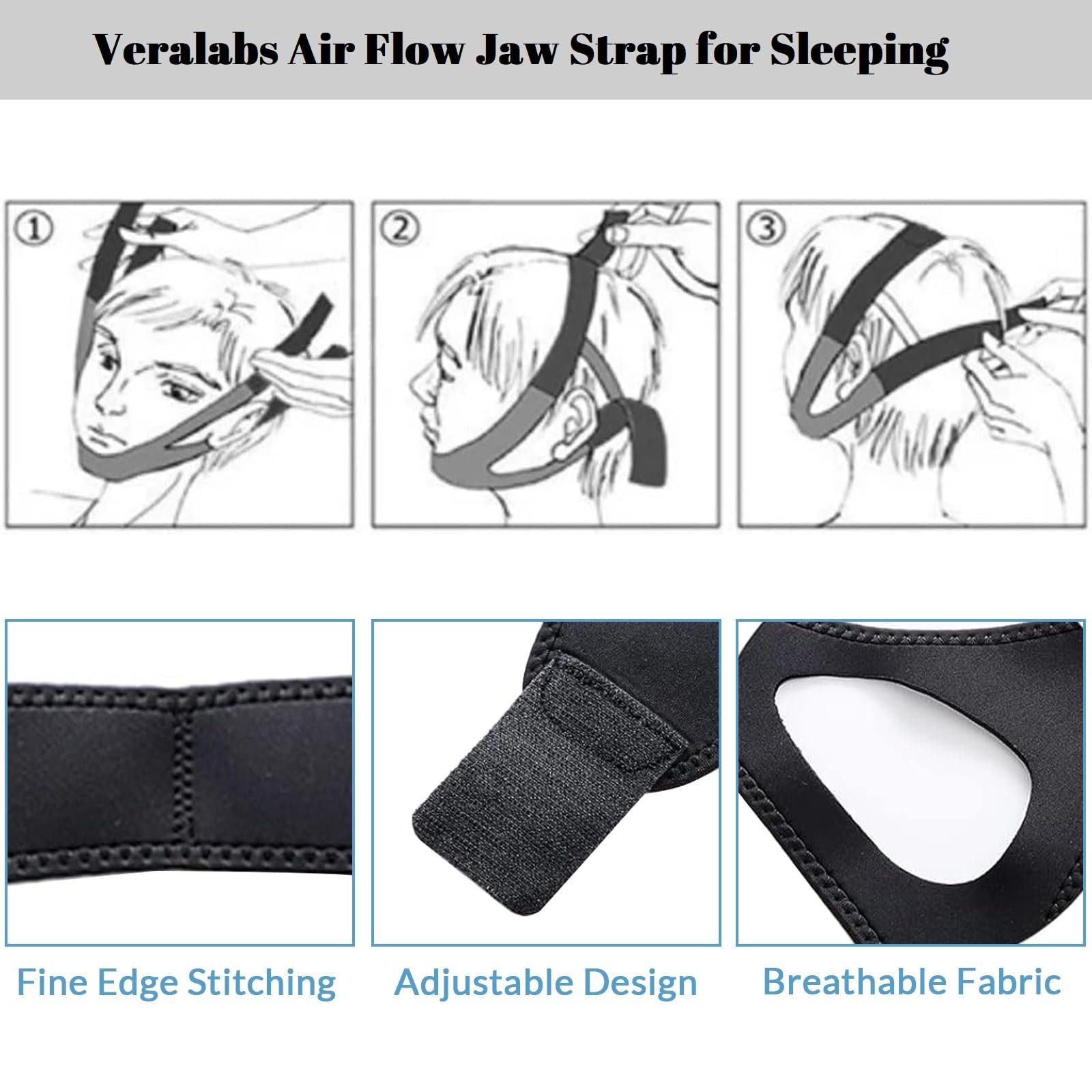 Ремінець на підборіддя Veralabs Airflow для сну проти хропіння, регульований для чоловіків та жінок (1 шт.), фото №3