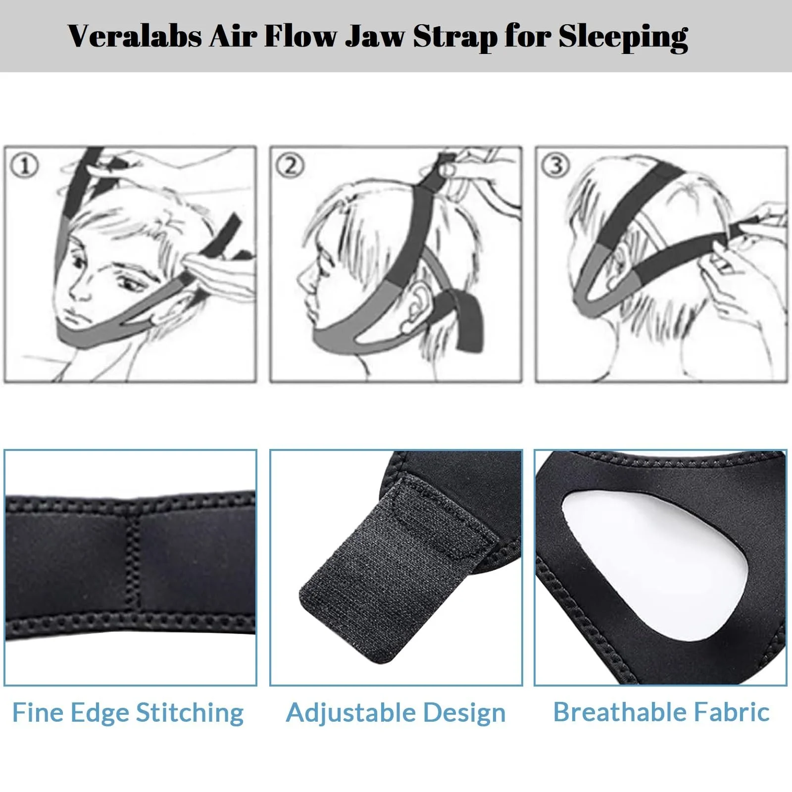 Ремінець на підборіддя Veralabs Airflow для сну проти хропіння, регульований для чоловіків та жінок (1 шт.), фото №3 Ремінець на підборіддя Veralabs Airflow для сну проти хропіння, регульований для чоловіків та жінок (1 шт.), фото №3