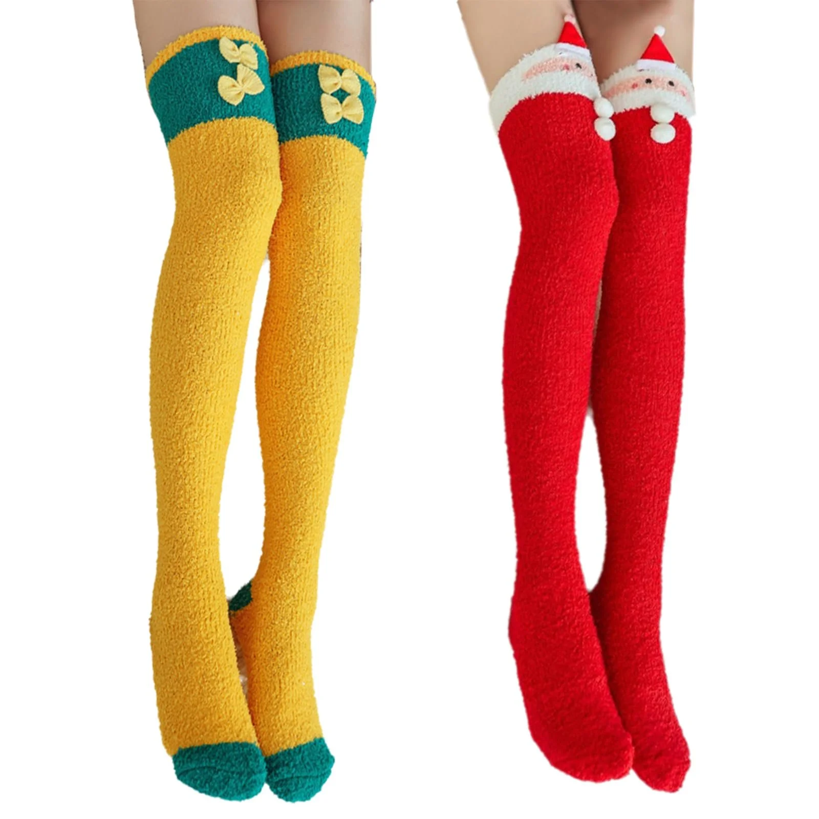 2 пары рождественских чулок выше колена Santa Warmer Winter Knee Socks Women Christmas Knee Socks Christmas Ladies Coral Fleece Long Knee Socks for Women Girls Xmas Winter Gifts, красный / желтый, фото №1