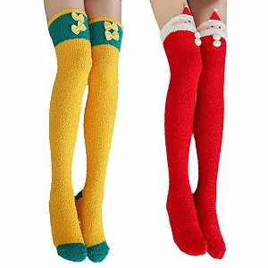 2 пары рождественских чулок выше колена Santa Warmer Winter Knee Socks Women Christmas Knee Socks Christmas Ladies Coral Fleece Long Knee Socks for Women Girls Xmas Winter Gifts, красный / желтый - Фото 1
