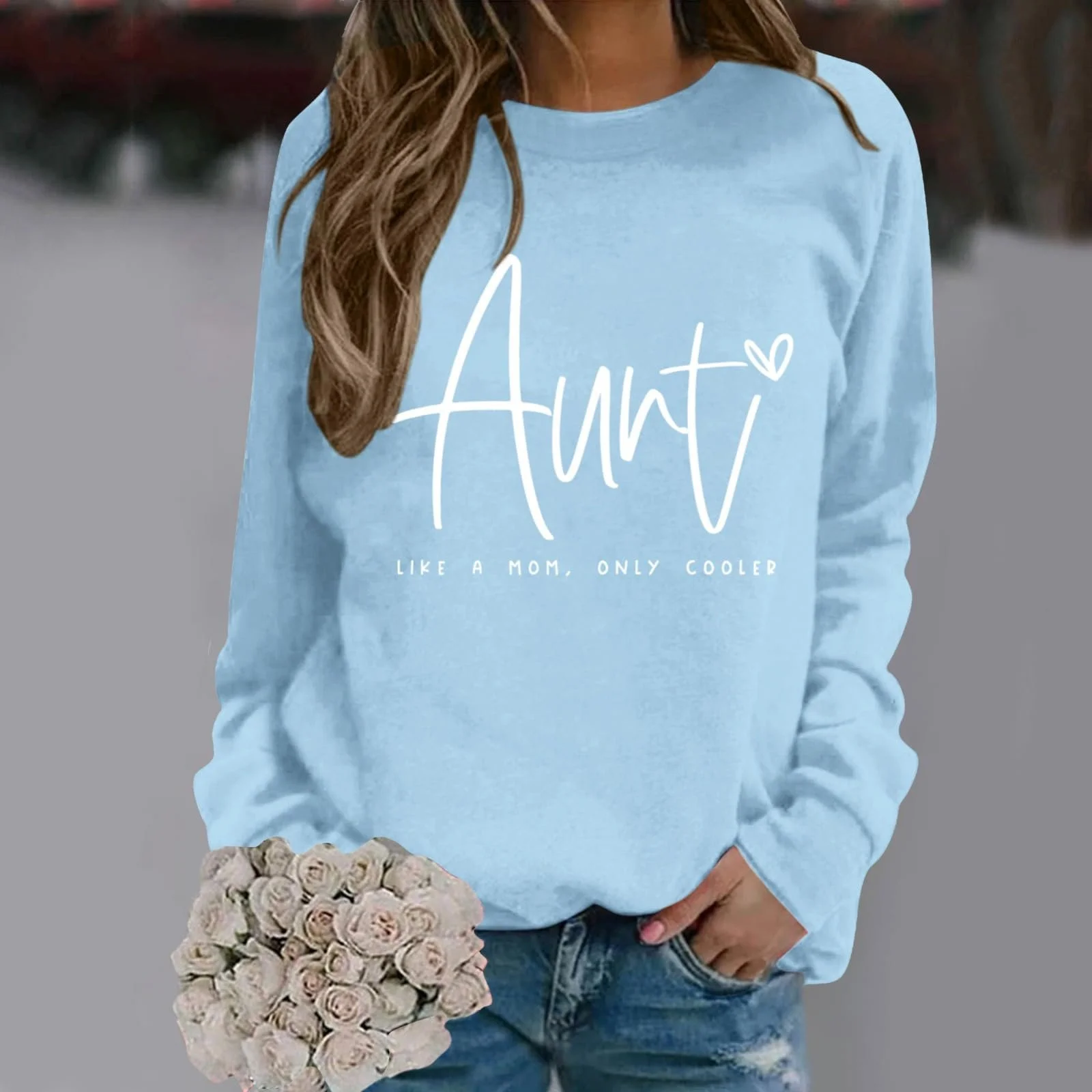 Женский свитшот с длинными рукавами, круглым вырезом и принтом в виде сердца "Auntie Heart" от Tante с буквенным принтом, графические рубашки, пуловеры Морской пуловер, фото №3