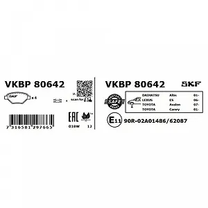 Комплект гальмівних колодок SKF VKBP 80642 для TOYOTA LEXUS передня вісь synthetic.ua - Фото 1