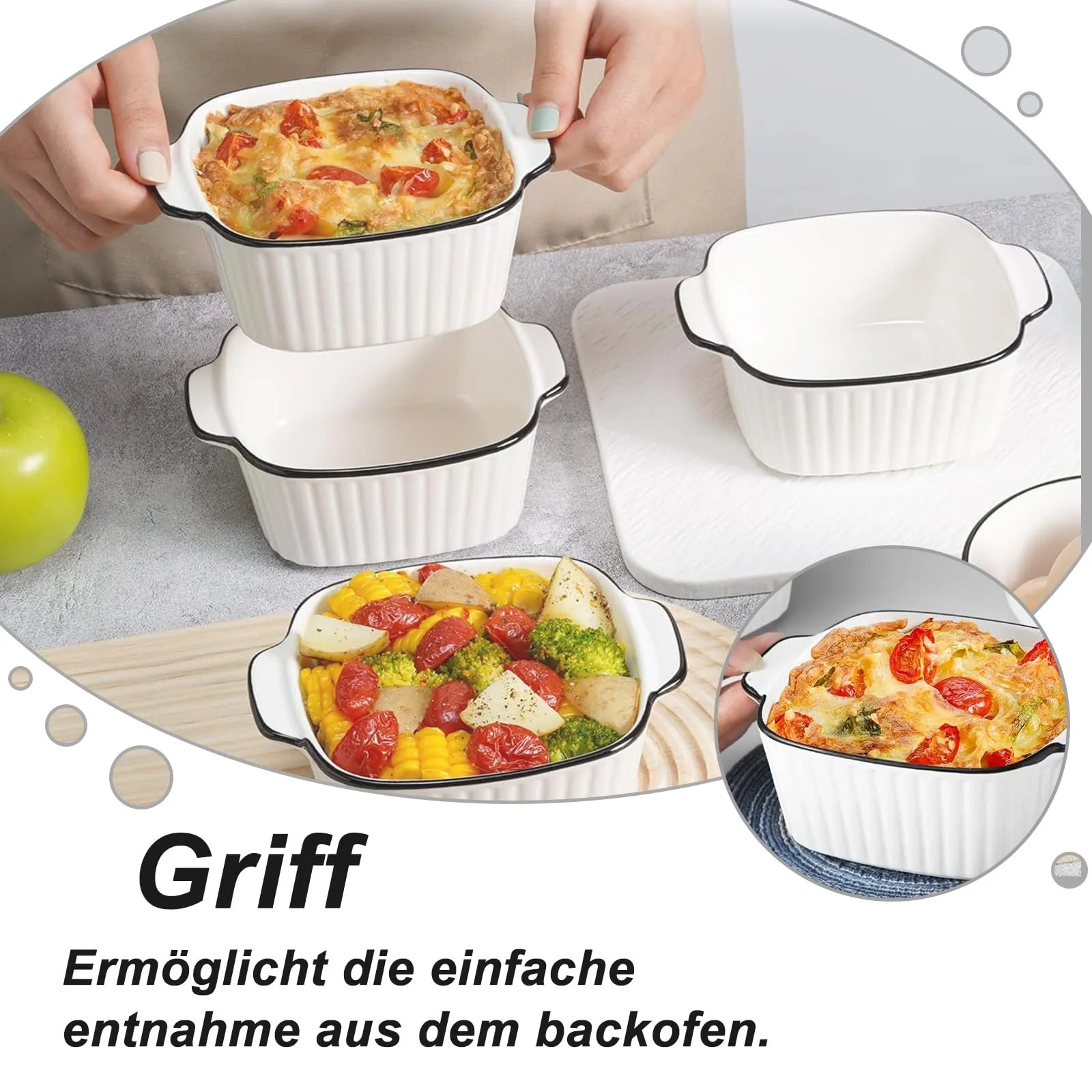 Набор из 4 керамических форм для запекания 400 мл с ручками 14.9 x 11.5 x 5.7 см квадратные для духовки и СВЧ, фото №5