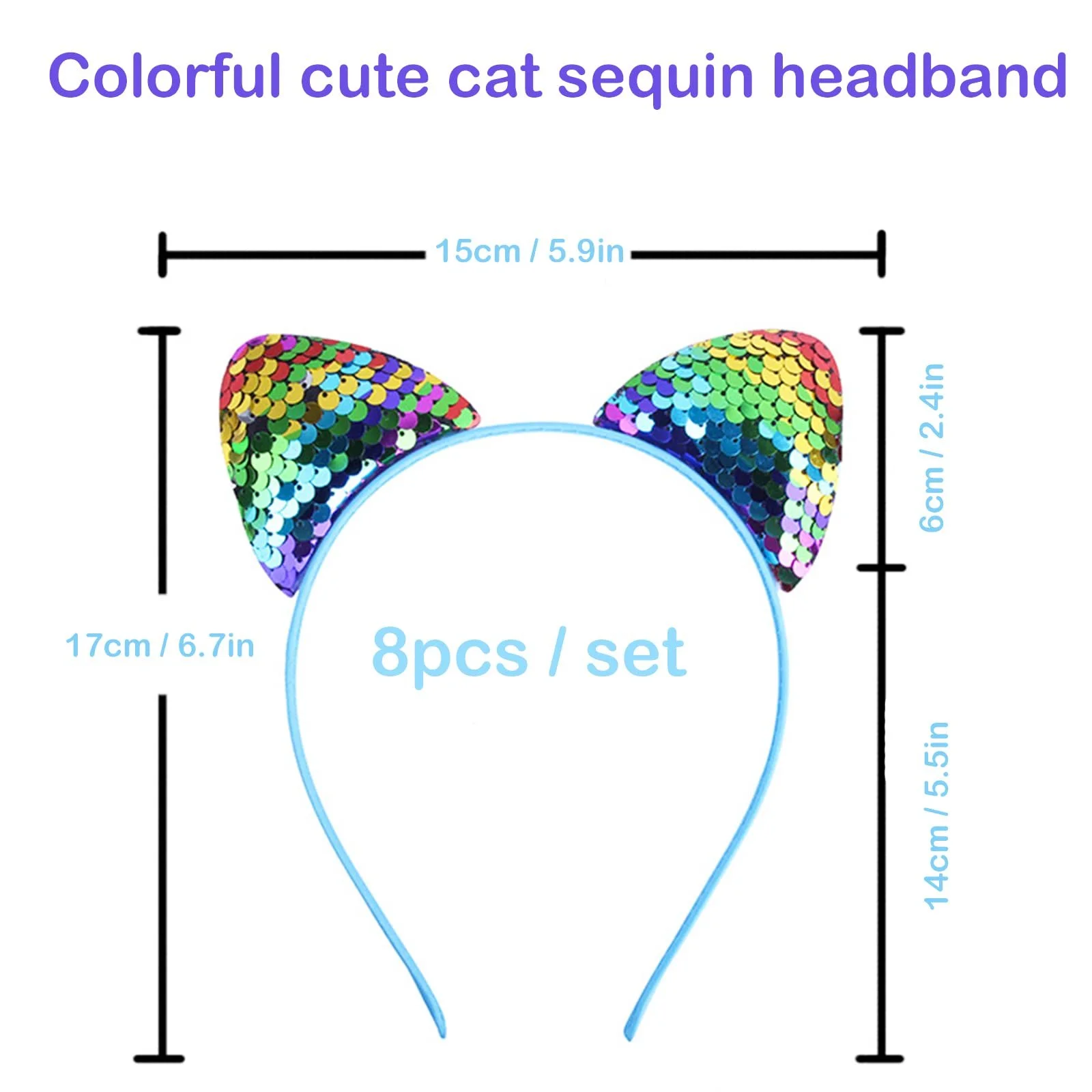 Обруч Вушка кота з блискітками, Набір з 8 штук, фото №5 Обруч Вушка кота з блискітками, Набір з 8 штук, фото №5