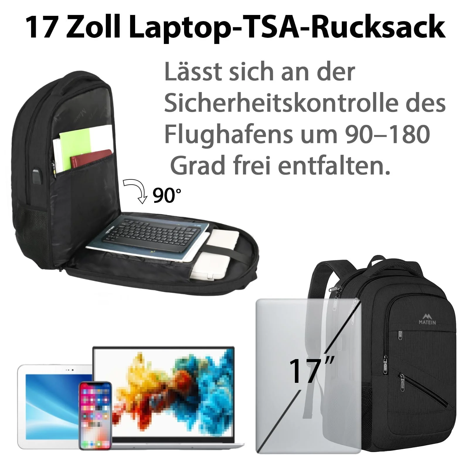 Рюкзак для ноутбука MATEIN 17" USB TSA Водостійкий Чорний, фото №2 Рюкзак для ноутбука MATEIN 17" USB TSA Водостійкий Чорний, фото №2