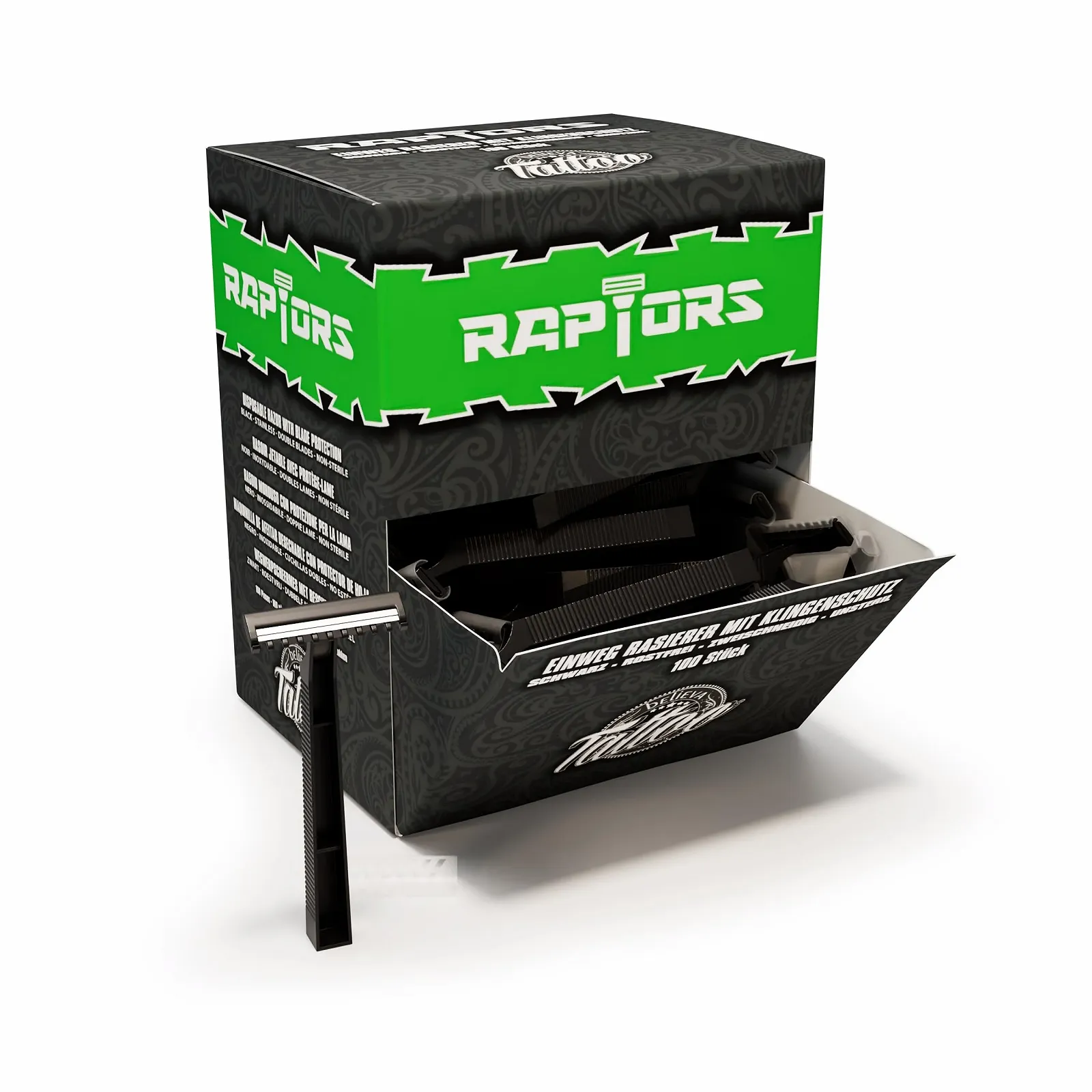 Одноразовые бритвы Believa Tattoo Raptors 100 шт. Черный, фото №1 Одноразовые бритвы Believa Tattoo Raptors 100 шт. Черный, фото №1