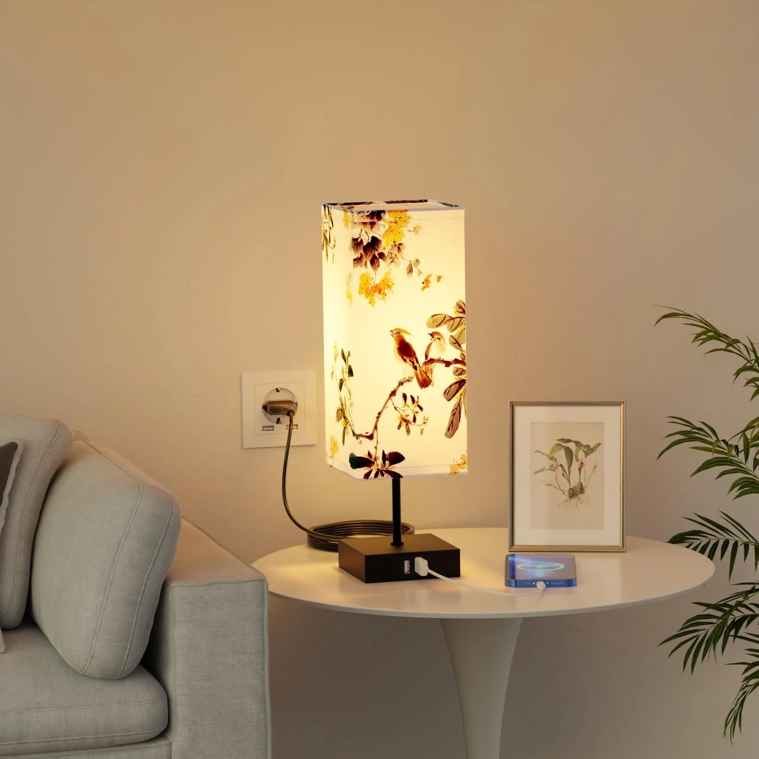 Настольная лампа прикроватная 2 шт тканевый плафон Птица диммер 3 температуры 2 USB порта, фото №6