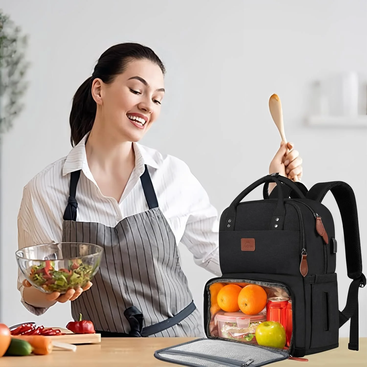 Рюкзак для ноутбука MATEIN 15.6" с термоотделением для ланча Черный, фото №7