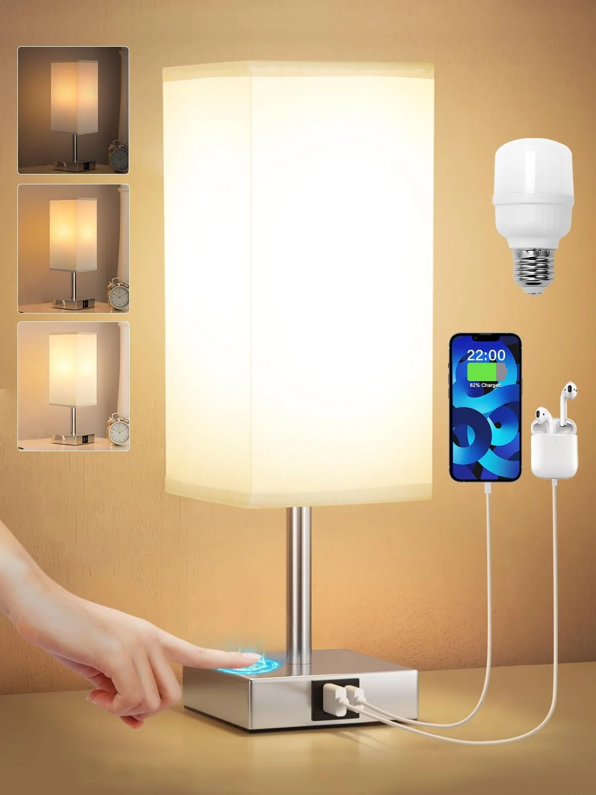 Настільна лампа Kakanuo Bedside Lamp Сенсорна Регульована USB A+C E27 Сіра, фото №1