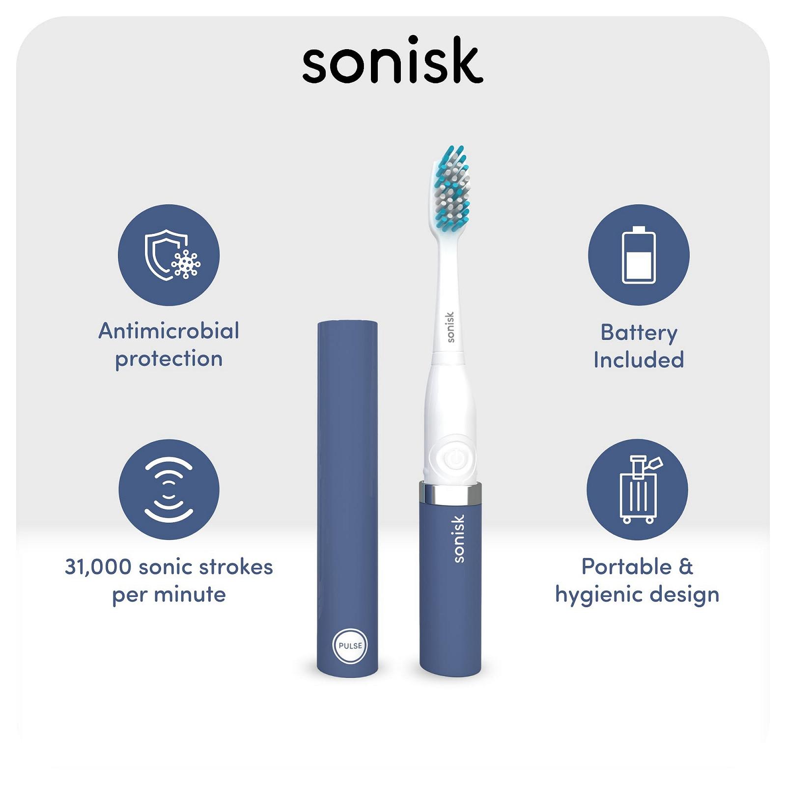 Зубная щетка электрическая Sonisk Pulse звуковая, работающая от батарейки, 2 сменные головки, 1 дорожный чехол в комплекте, 31 000 колебаний в минуту, портативная, стальной синий, фото №3