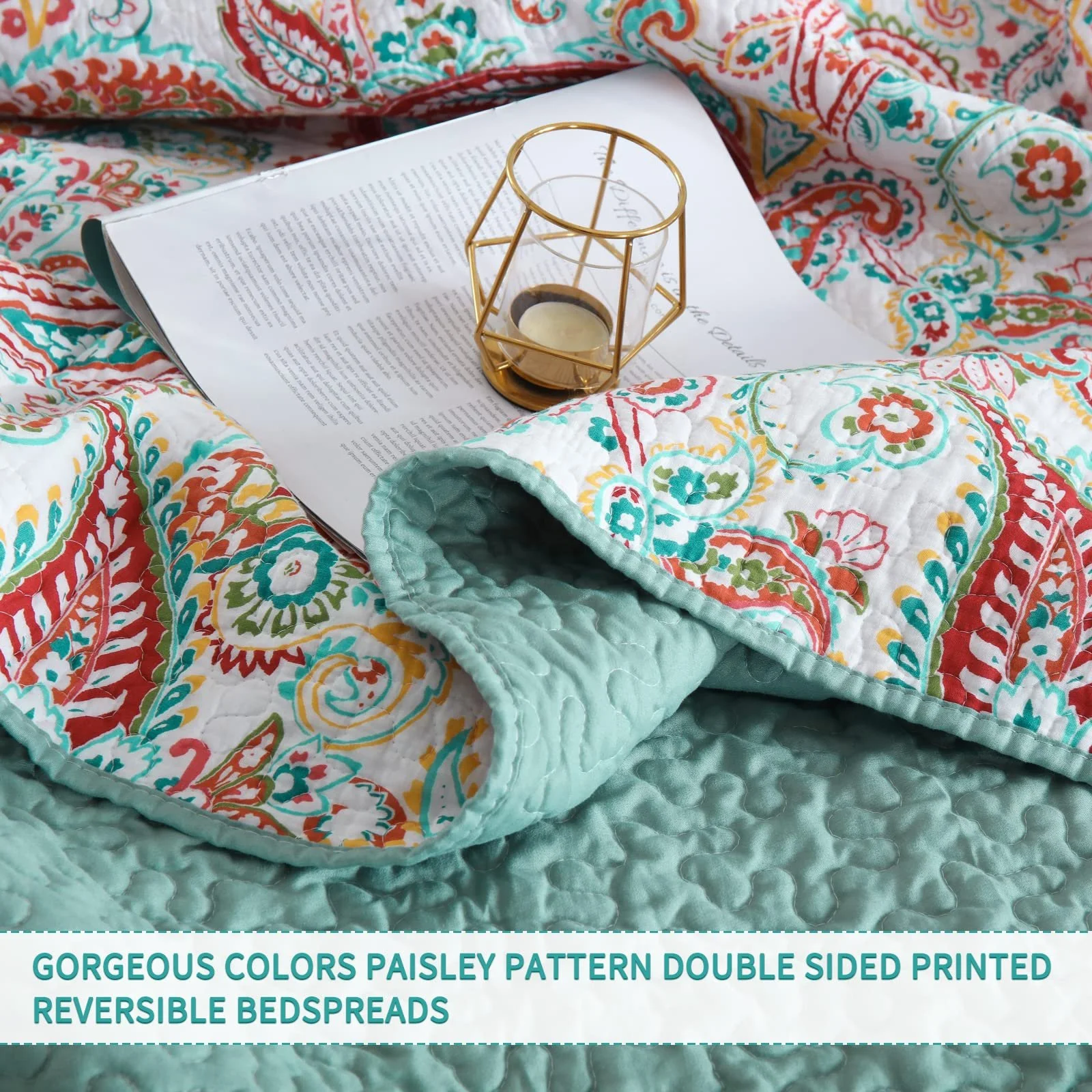 Покрывало Qucover 140 x 200 см Односпальная кровать Хлопок и полиэстер Богемный стиль Двусторонний узор пейсли и светло-зеленый, фото №3