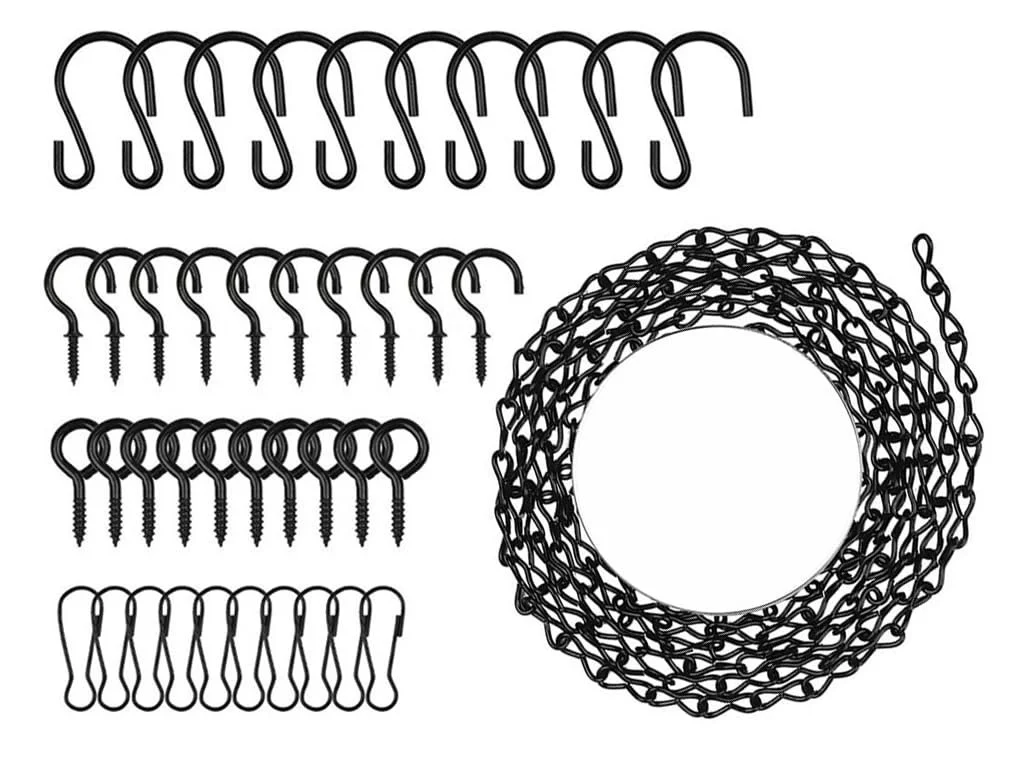 Цепи для подвесных корзин 500 см металлические с крючками, клипсами и саморезами Черный, фото №1