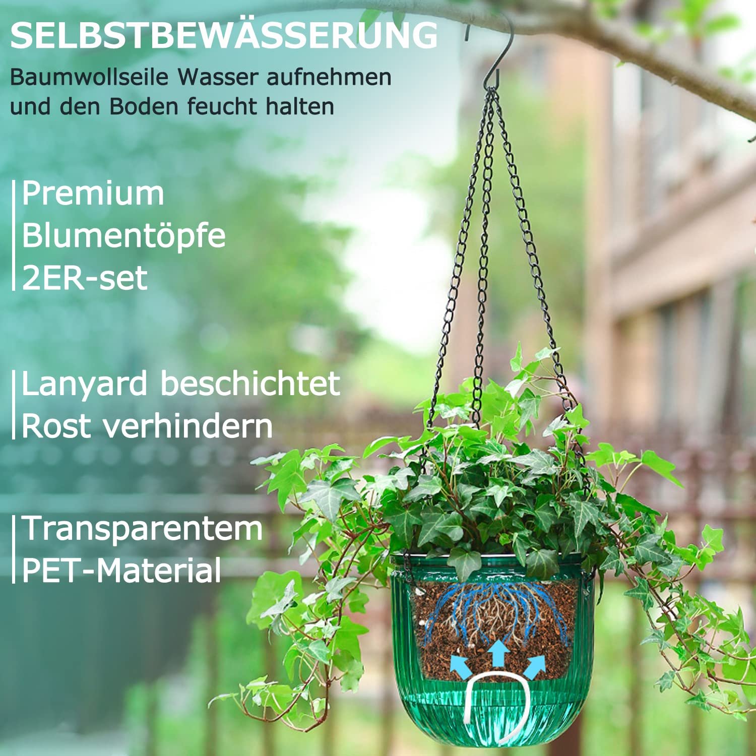 Набір підвісних вазонів з автополивом 2 шт. 16.5 см Зелений Прозорий ПЕТ, фото №3