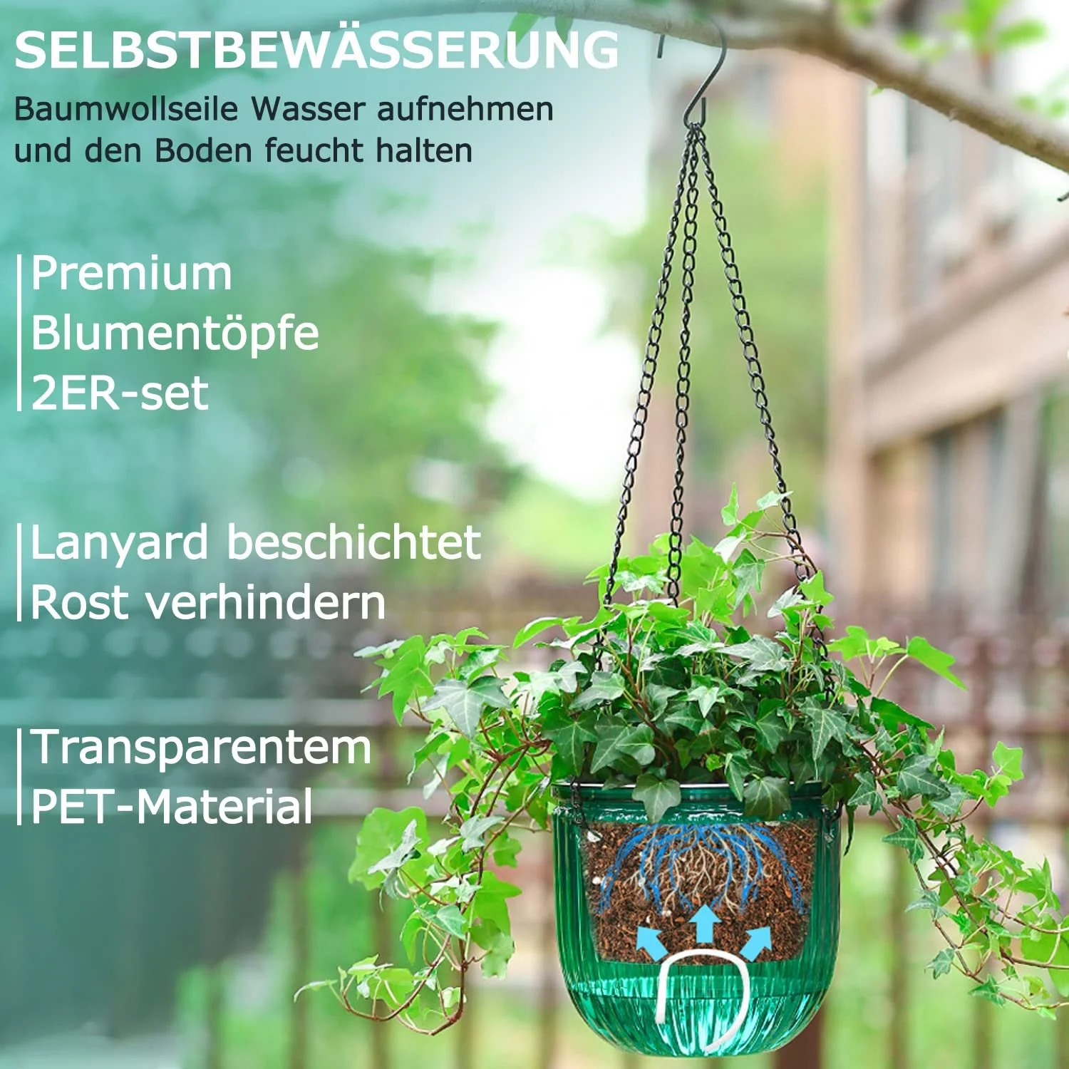 Набор подвесных вазонов с автополивом 2 шт. 16.5 см Зеленый Прозрачный ПЭТ, фото №3