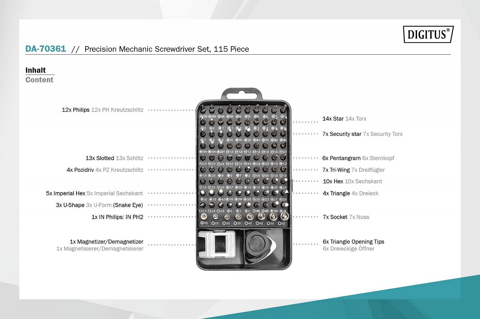 Набір викруток DIGITUS Precision 115 штук для мобільних телефонів, ноутбуків, ПК, годинників, окулярів, консолей, фото №2