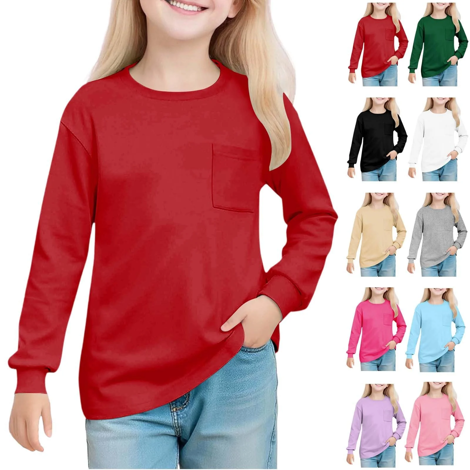 NZYIHAO Толстовка Базовая Удобная Весна Зима Круглый вырез Пуловер Однотонная Спортивная Модная С длинными рукавами для девочек 5-14 лет, фото №2