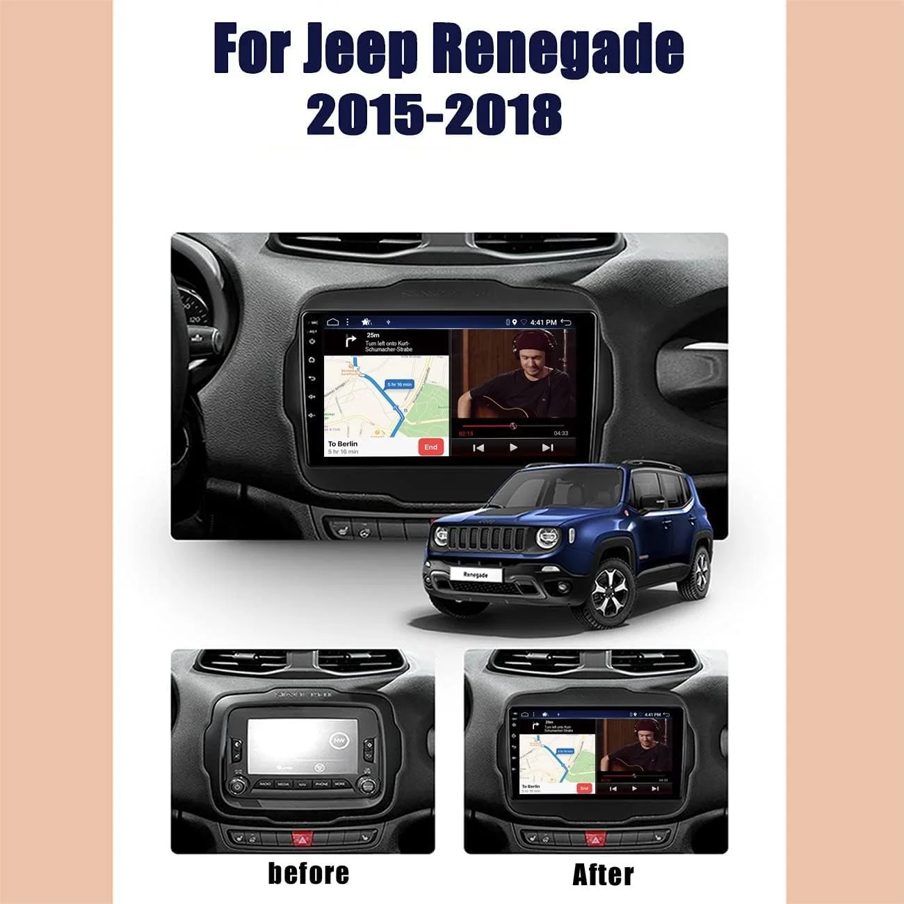 Штатна автомагнітола YUNTX BX-D04 для Jeep Renegade (2015-2018) / 9" / Сенсорна / 6/128Гб / Android 13 / Apple CarPlay / Android Auto / Bluetooth / WI-FI / GPS / USB, фото №2 Штатна автомагнітола YUNTX BX-D04 для Jeep Renegade (2015-2018) / 9" / Сенсорна / 6/128Гб / Android 13 / Apple CarPlay / Android Auto / Bluetooth / WI-FI / GPS / USB, фото №2