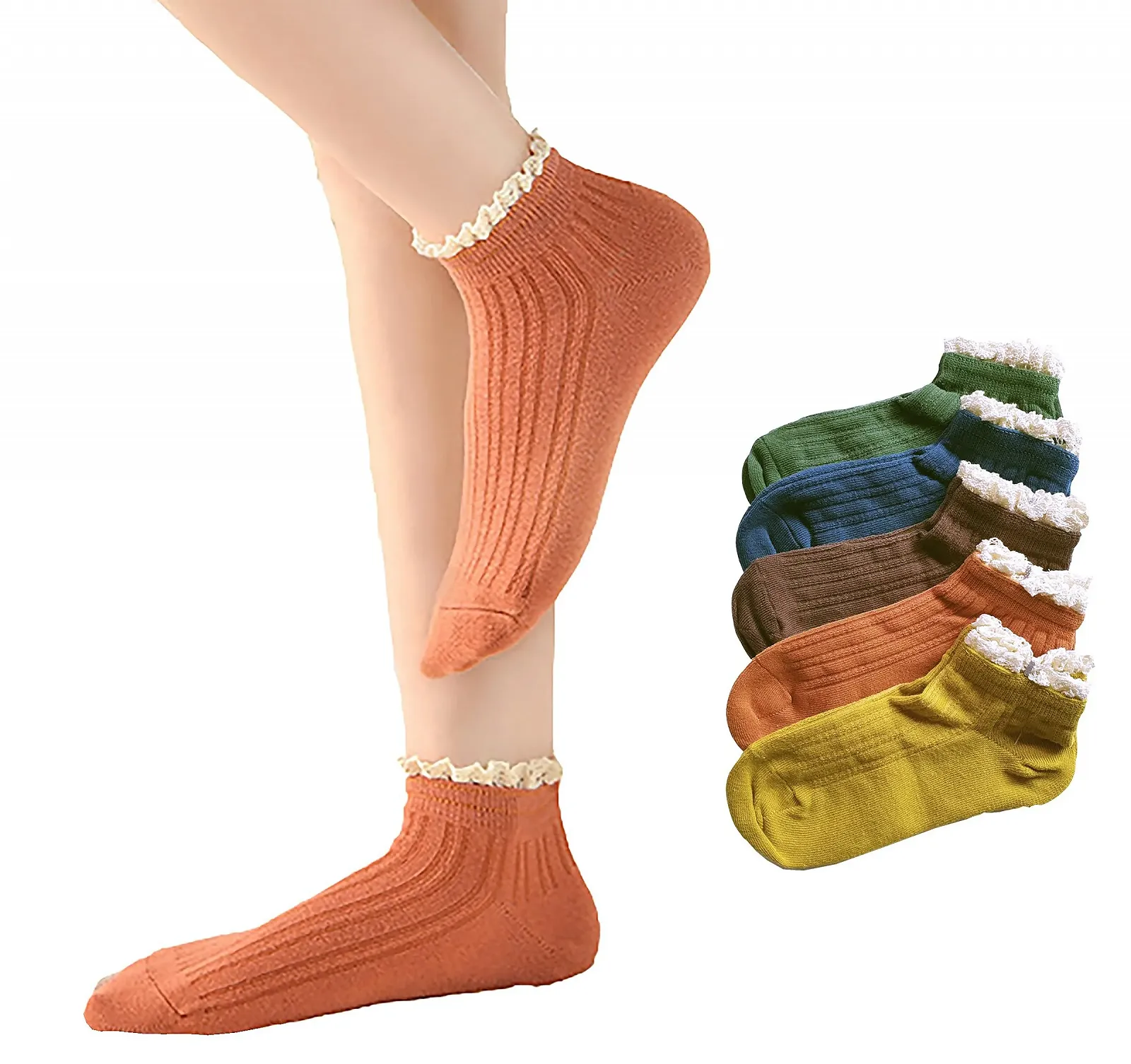 Набор носков женских хлопковых для кроссовок 5 пар | Простой дизайн с кружевом | One Size UK 2-7, разноцветные, фото №1