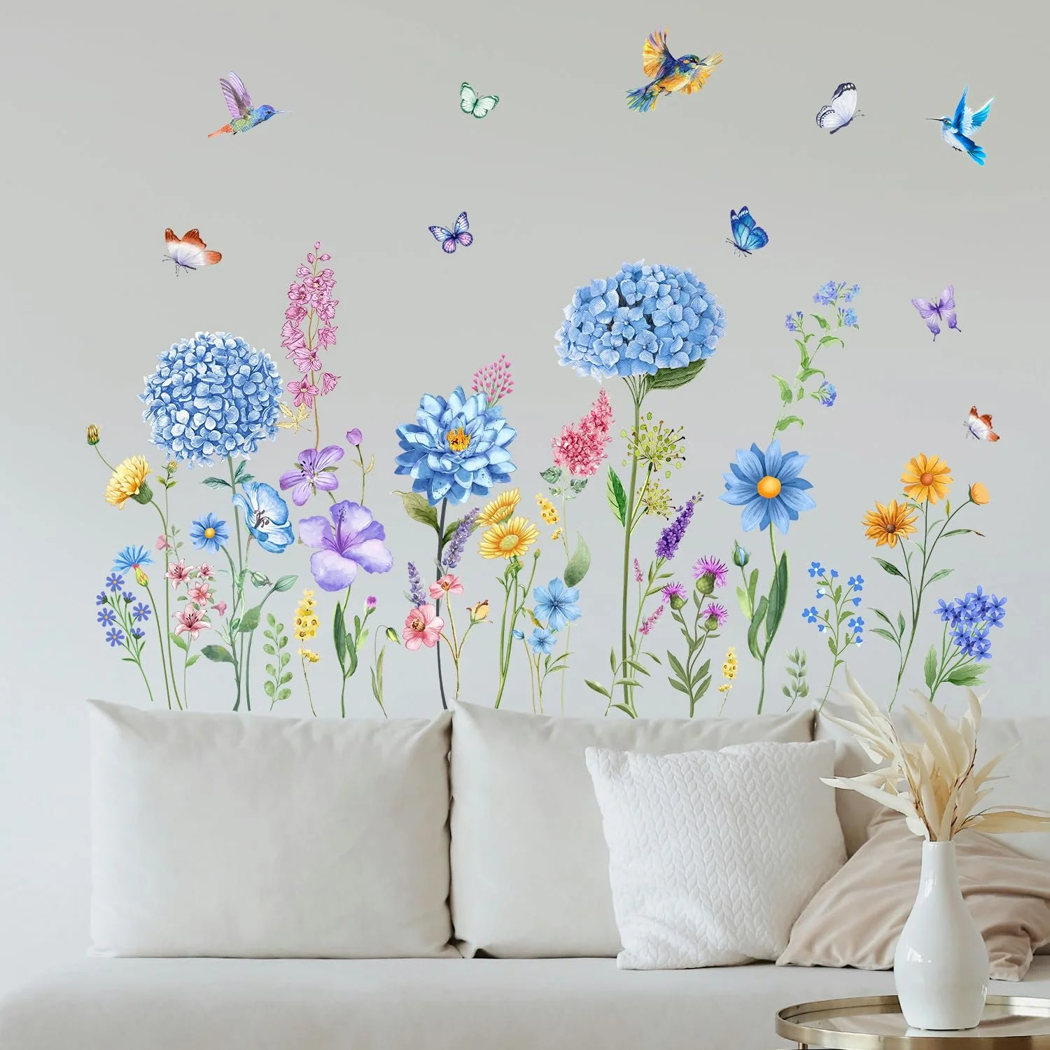 Наклейка на стіну Blue Flower and Bird знімна квіти та метелики вінілова Блакитна 90x30 см (2 шт.), фото №1