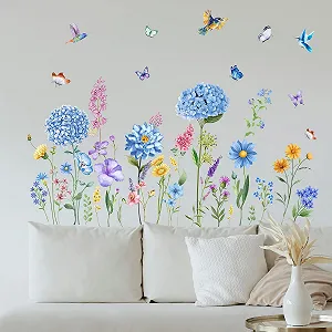 Наклейка на стіну Blue Flower and Bird знімна квіти та метелики вінілова Блакитна 90x30 см (2 шт.) - Фото 1