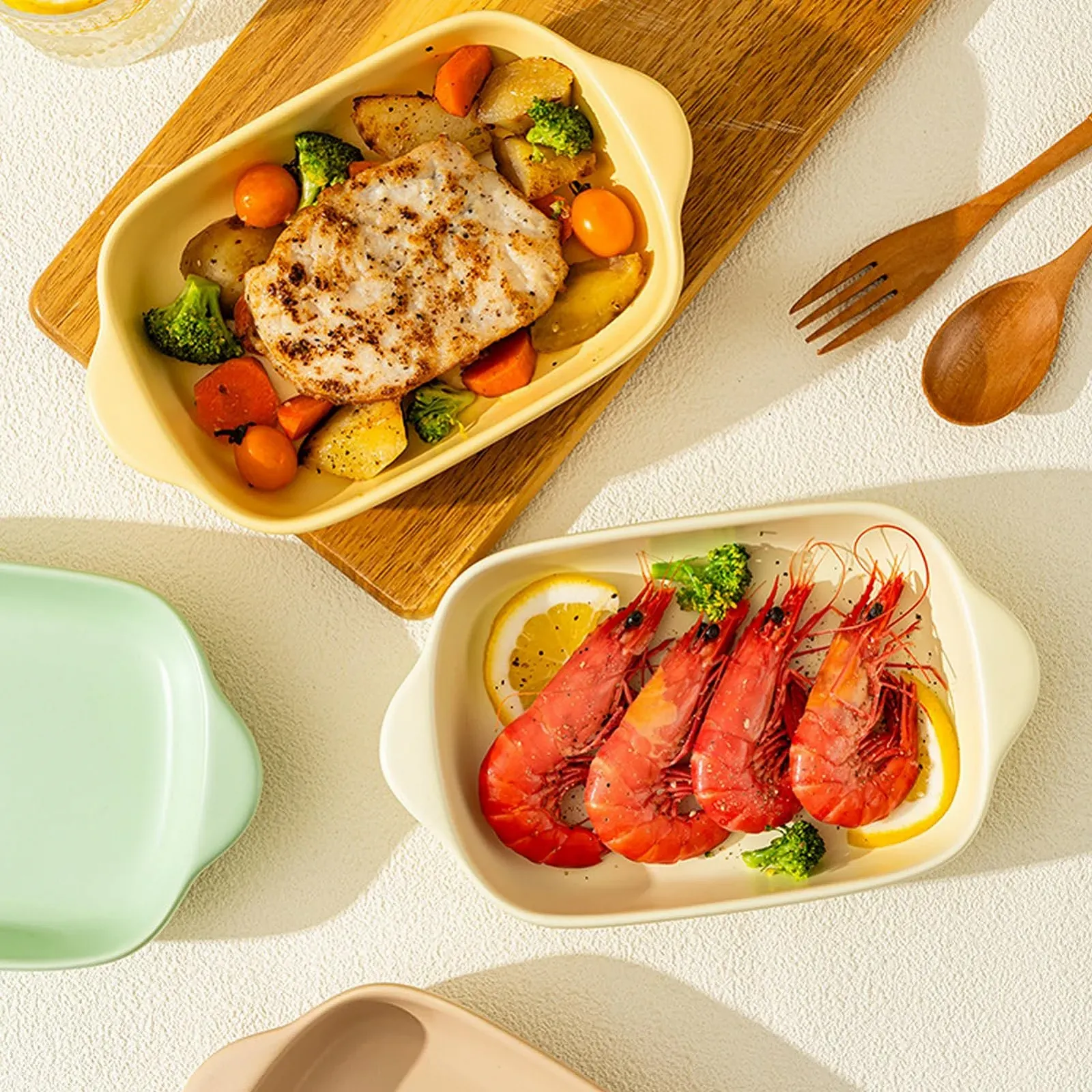 Форма для запекания керамическая набор 2 шт. малая с ручками молочно-желтая, фото №4