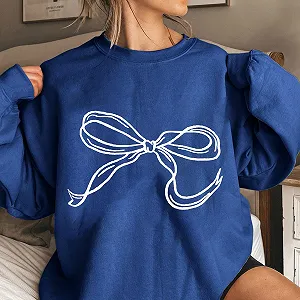 Женские толстовки Lemoiitea Модная круглая горловина с бантом Графический принт Весна Осень Длинный рукав Повседневные свободные топы Пуловеры Блузки Рубашка для отдыха на улице synthetic.ua - Фото 1