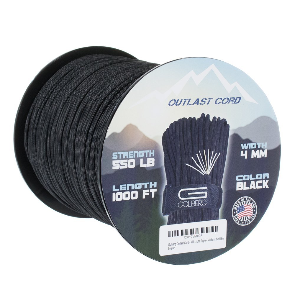 Паракорд Military Golberg Outlast 550 з рибальською ліскою та трутом, 5, 3/40.6 см, чорний Jet Black - котушка 500 футів, фото №1