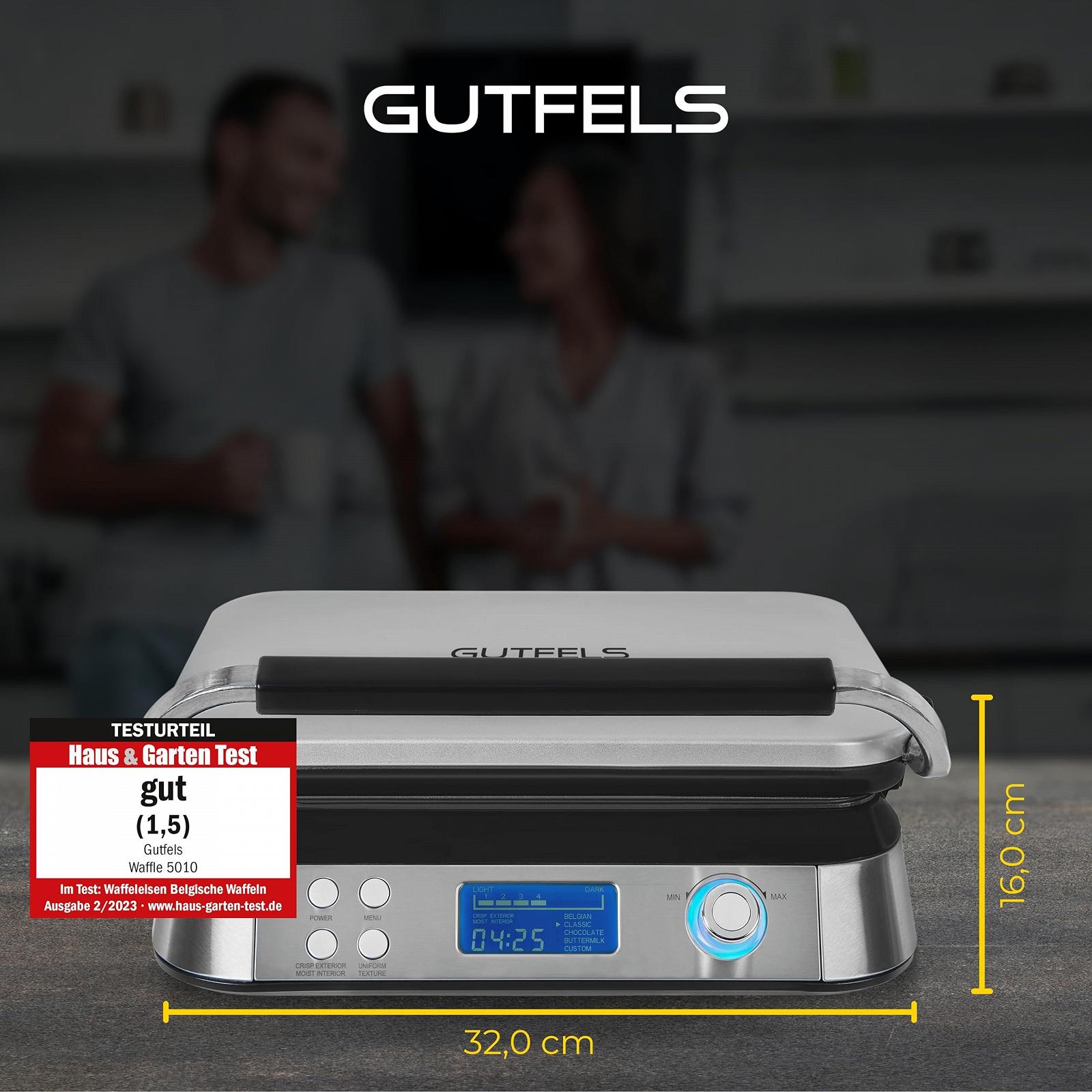 Вафельница GUTFELS Waffle 5010, антипригарное покрытие, 1600 Вт, таймер, дисплей, защита от перелива, 5 программ, нескользящие ножки, намотка кабеля, защита от перегрева, черно-inox, фото №7