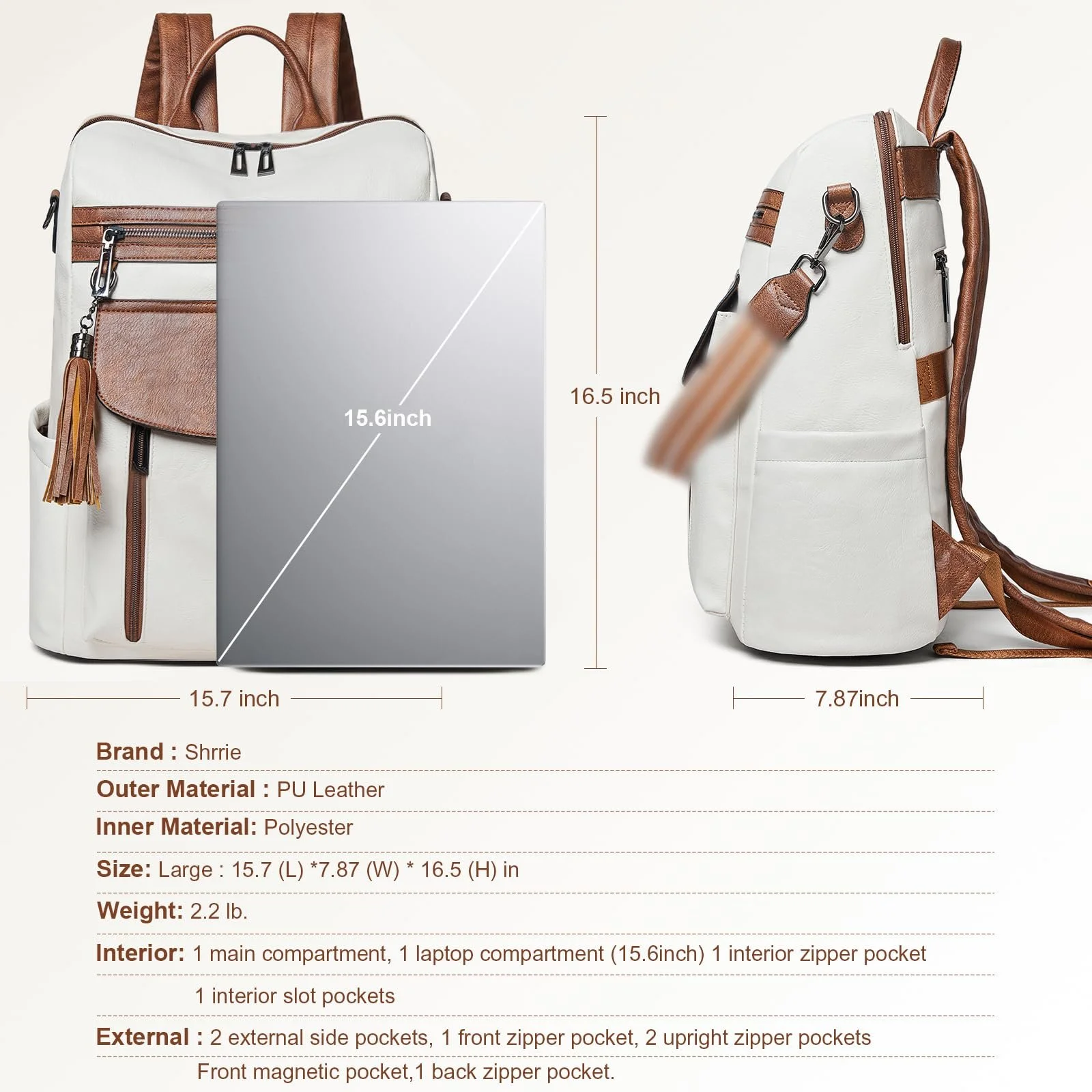 Рюкзак для ноутбука Shrrie 15.6 Inch Leather Carry On Water Resistant Beige with brown, фото №3 Рюкзак для ноутбука Shrrie 15.6 Inch Leather Carry On Water Resistant Beige with brown, фото №3