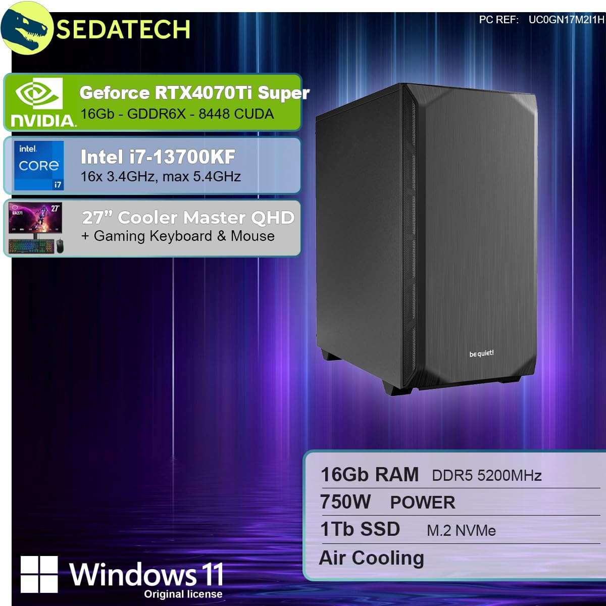 ПК Sedatech Silent Gaming Package Intel i7-13700KF RTX4070Ti Super 16GB DDR5 1TB SSD M.2 Windows 11 Монітор 27 Дюймів, фото №2