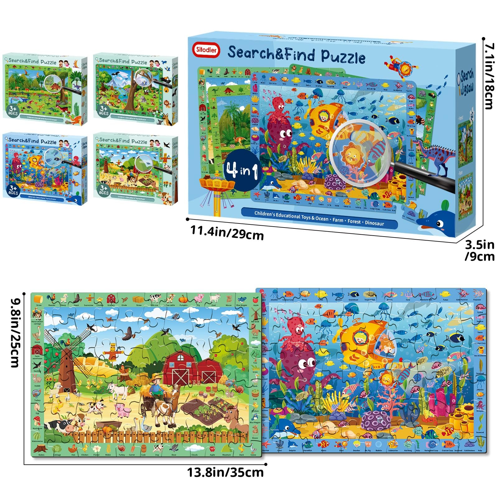 Пазлы для детей 4 x 60 деталей Динозавры Ферма Лесные животные Морской мир, фото №4 Пазлы для детей 4 x 60 деталей Динозавры Ферма Лесные животные Морской мир, фото №4