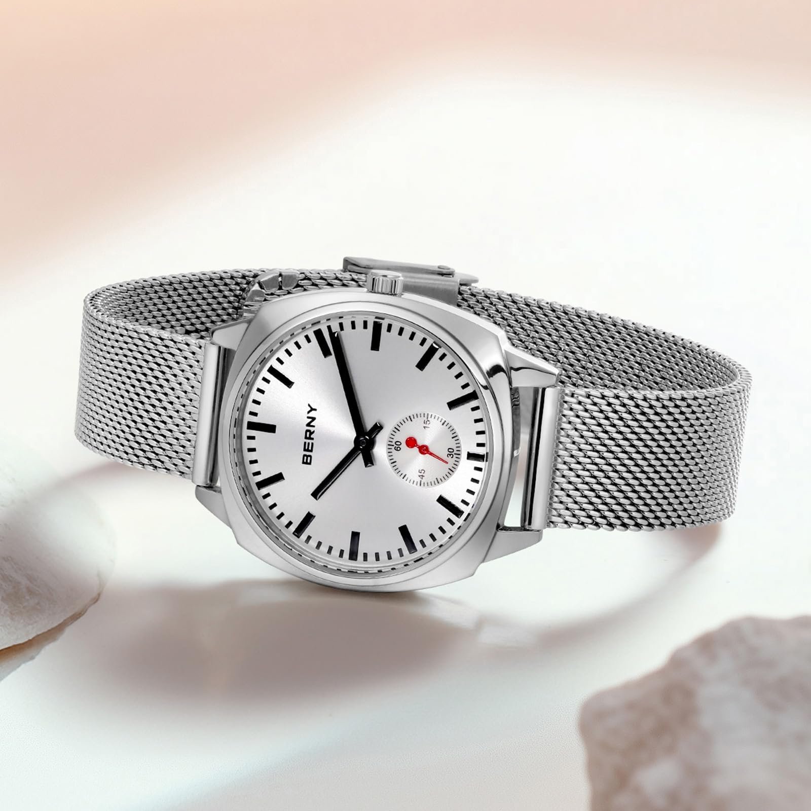 Женские часы BERNY Классические железнодорожные часы Аналоговые кварцевые часы Минималистичные женские часы Ремешок из нержавеющей стали Серебряные часы 3ATM водостойкие, фото №8