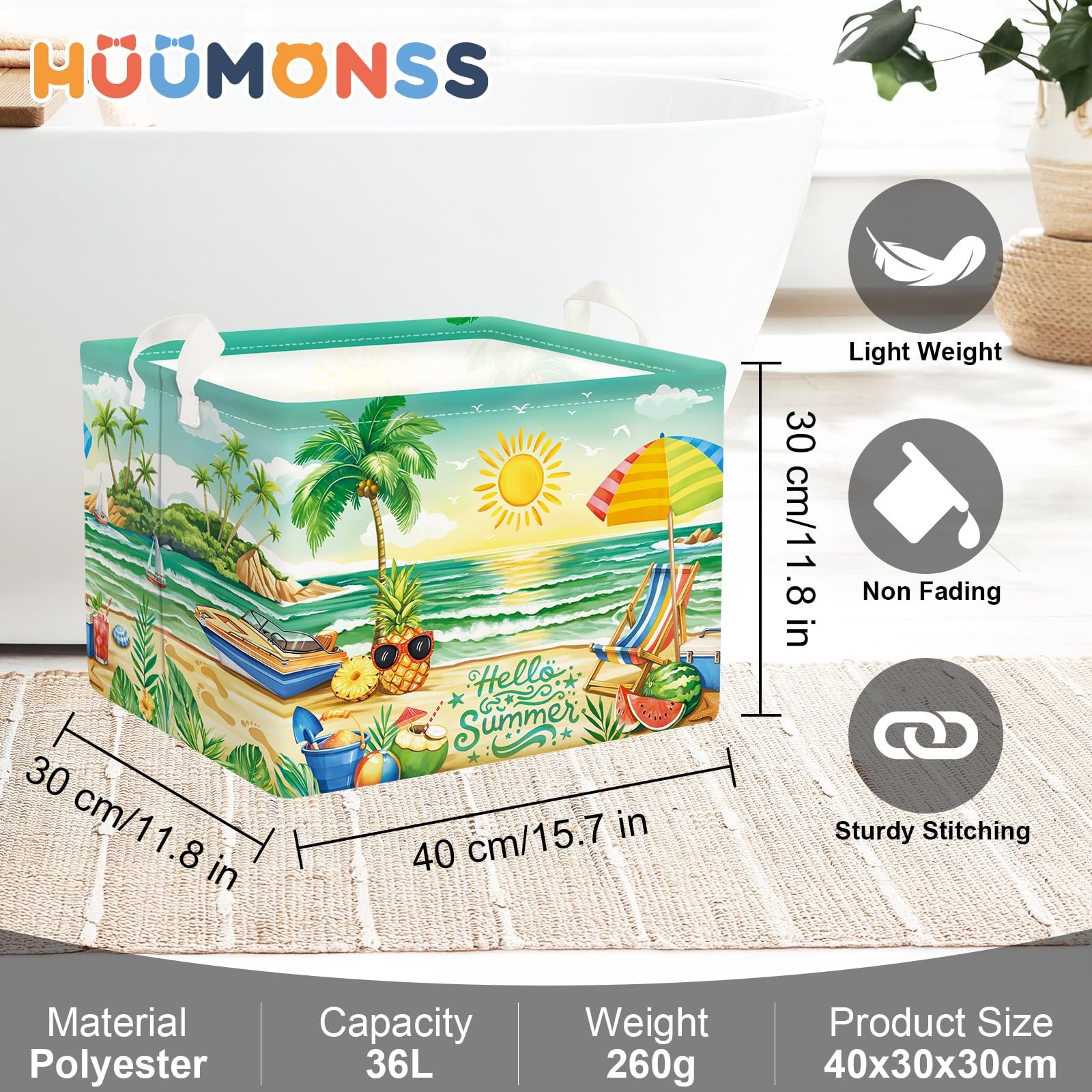 Корзина HUUMONSS Летний Тропический Пляж Детская для игрушек Складная для Мальчиков Девочек, Зеленый, 36 л, фото №6