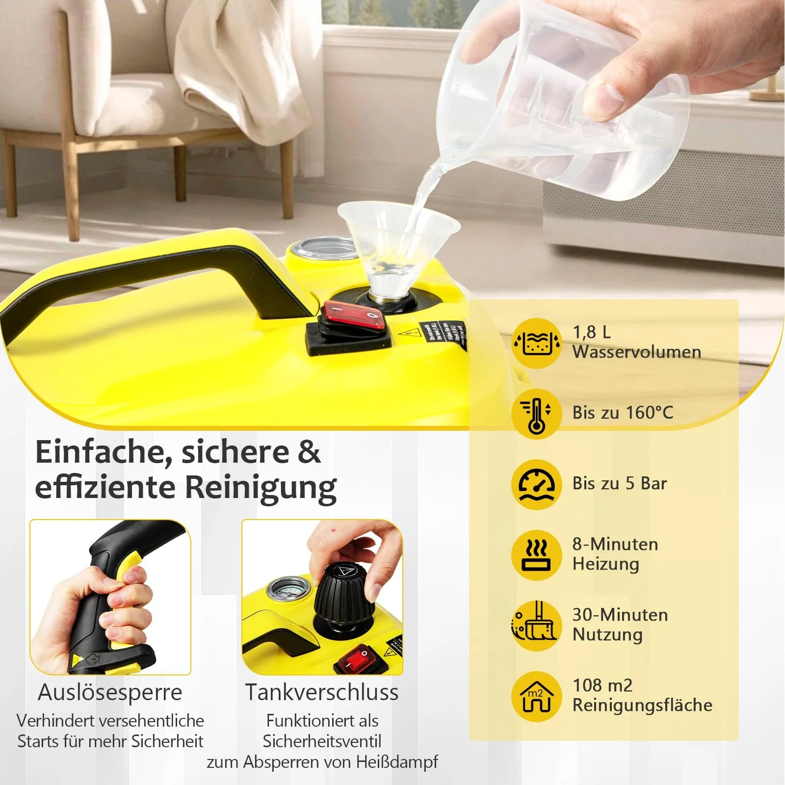 Пароочисник GOPLUS 2000 Вт 5 бар 1.8 л 108 м² 8 хв Жовтий, фото №2