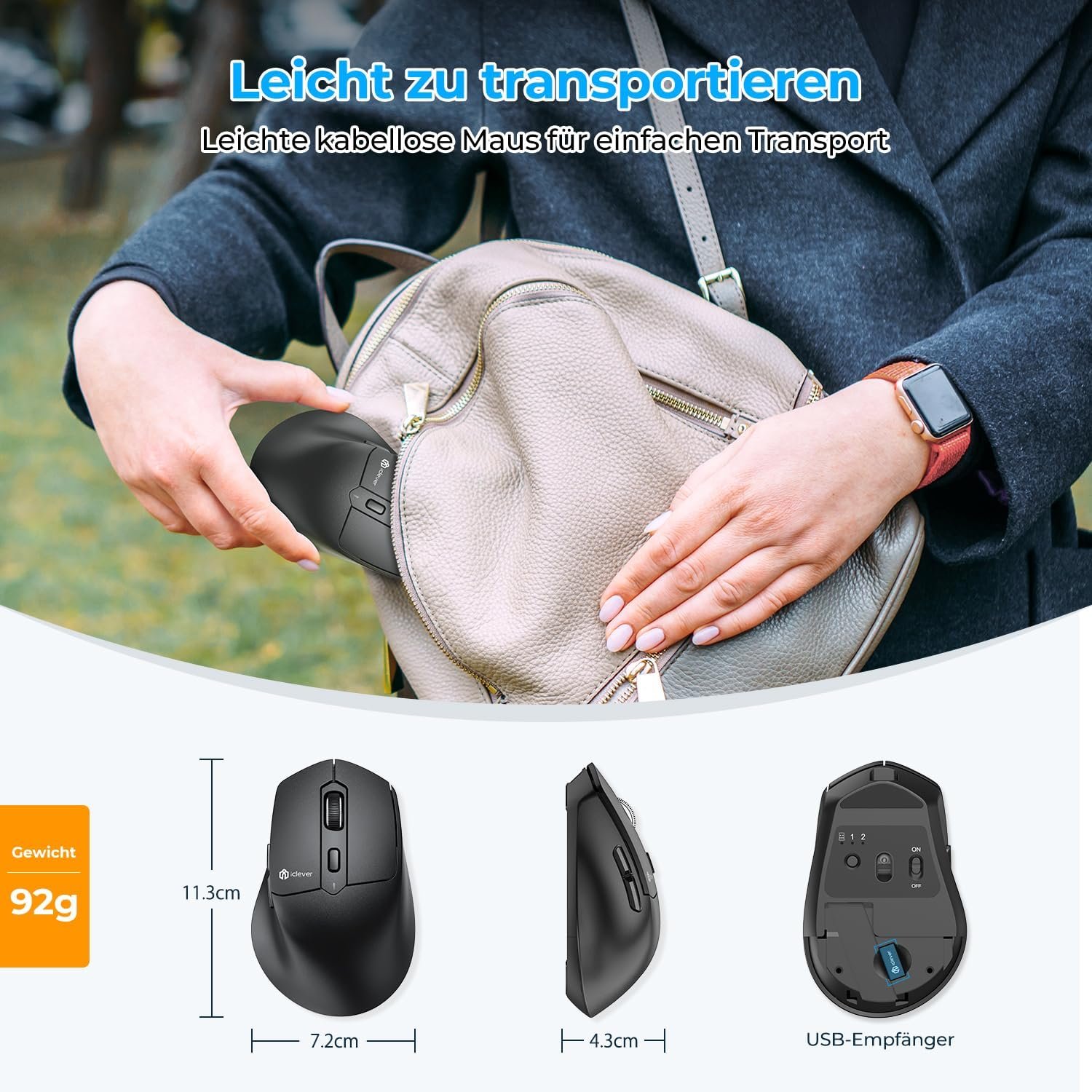 Мышь iClever MD360 Bluetooth, беспроводная, эргономичная, фото №6