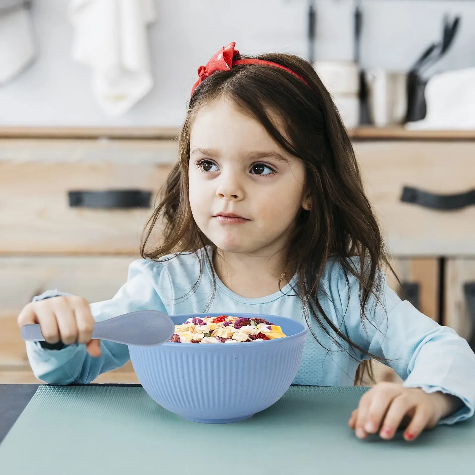 Миска CSYY 750 мл, набор 4 шт, пластиковая, небьющаяся посуда, с ложкой, фото №5