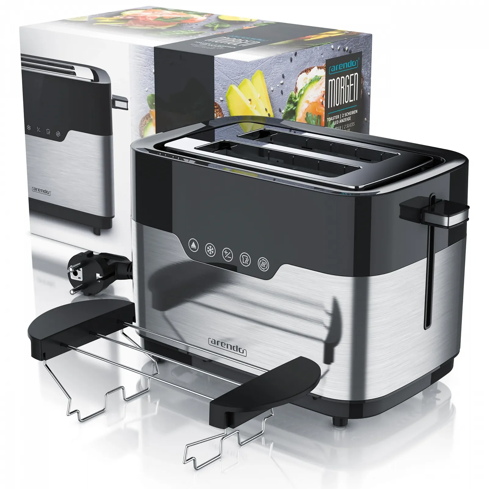 Тостер Arendo 2 скибочки нержавіюча сталь сенсорний дисплей з насадкою для булочок надширокі слоти 7 рівнів підсмажування одностороннього підсмажування для булочок бубликів і половинок багетів, фото №7