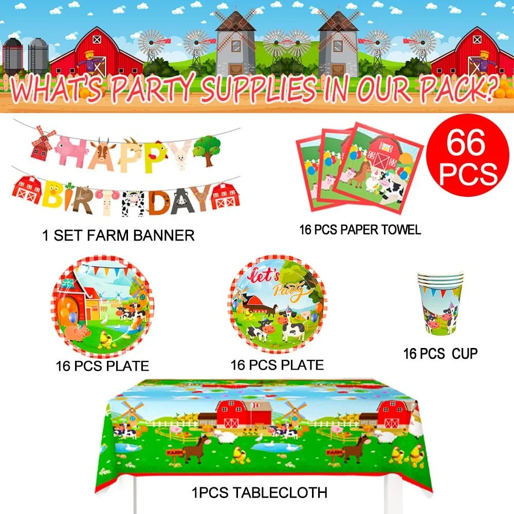 Набір посуду для фермерської вечірки 16 Ферма Тварини Тарілки Стакани Серветки Скатертина Банер, фото №6