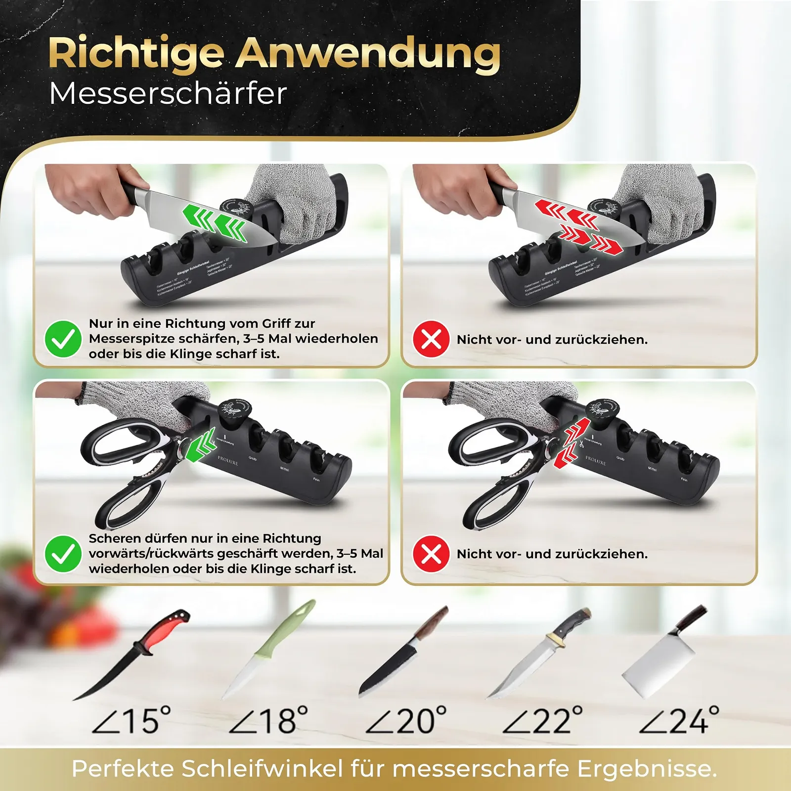 Точилка для ножів Proluxe Professional 4-ступінчаста з направляючою кута та точилкою для ножиць Diamond, фото №5