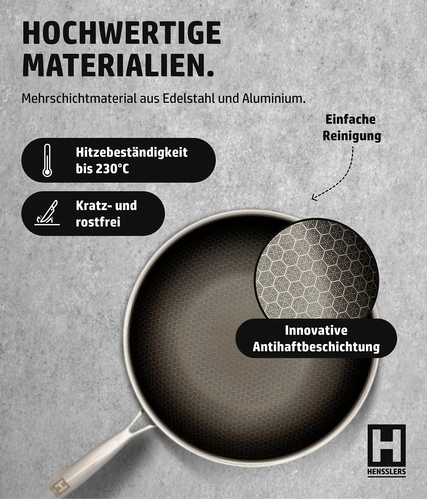 Сковорідка-Wok HENSSLERS® 30 см Нержавіюча сталь та алюміній, фото №4 Сковорідка-Wok HENSSLERS® 30 см Нержавіюча сталь та алюміній, фото №4