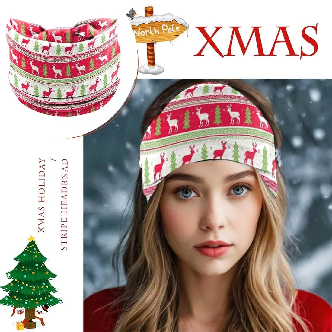 Пов'язка Різдвяна Широка Еластична Тканинна з Різдвяним Мотивом з Оленем Сніжинкою, Набір 4 шт., фото №3