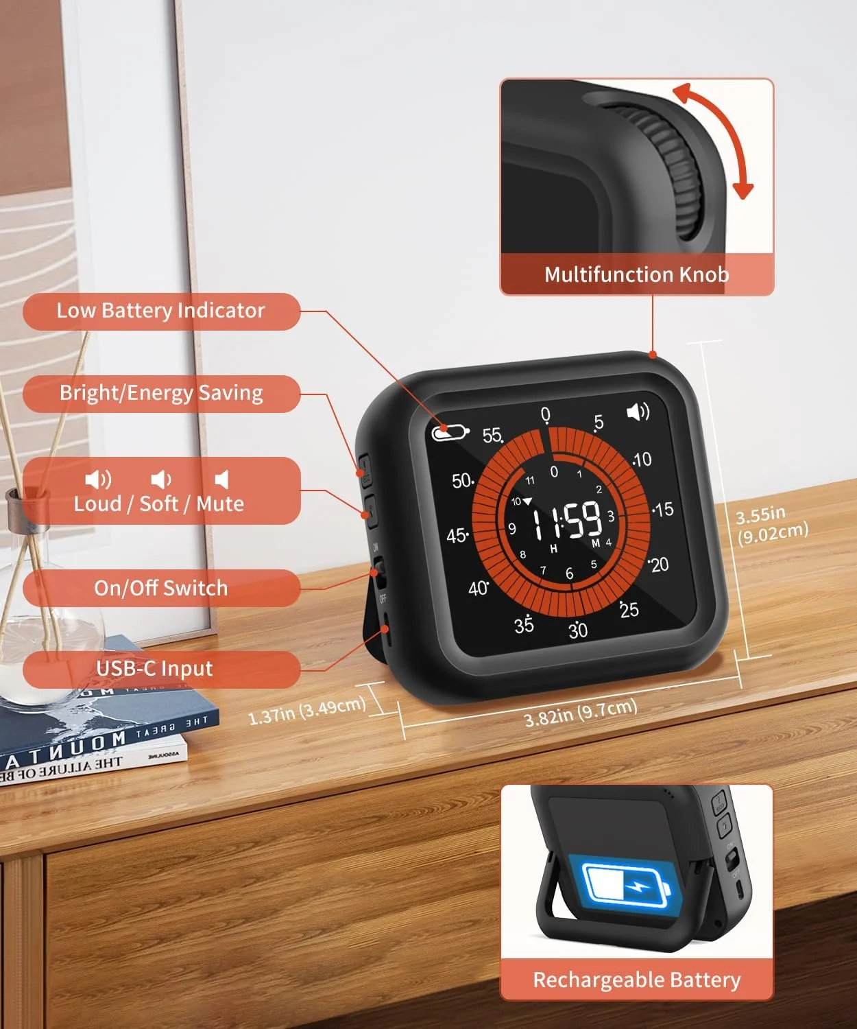 Цифровой визуальный таймер 11 часов 59 минут Rechargeable Magnetic Black, фото №5 Цифровой визуальный таймер 11 часов 59 минут Rechargeable Magnetic Black, фото №5
