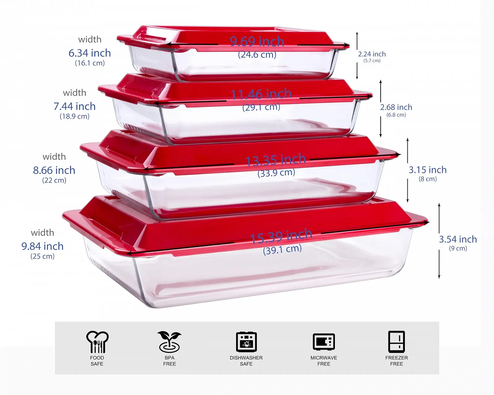 Набор форм для запекания из закаленного стекла с крышками прямоугольных 8 шт. 1 л, 1.7 л, 2.8 л, 4.2 л, фото №5